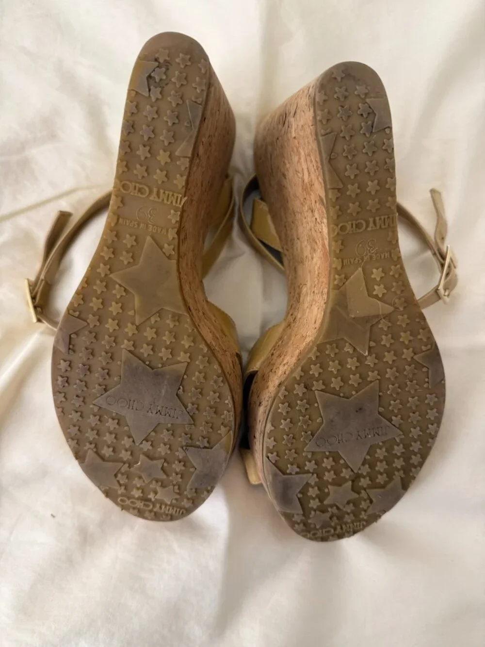 Jimmy Choo 'Papyrus' Nude Patent Leather Cork Wedges Heels Shoes Sandals Size 39